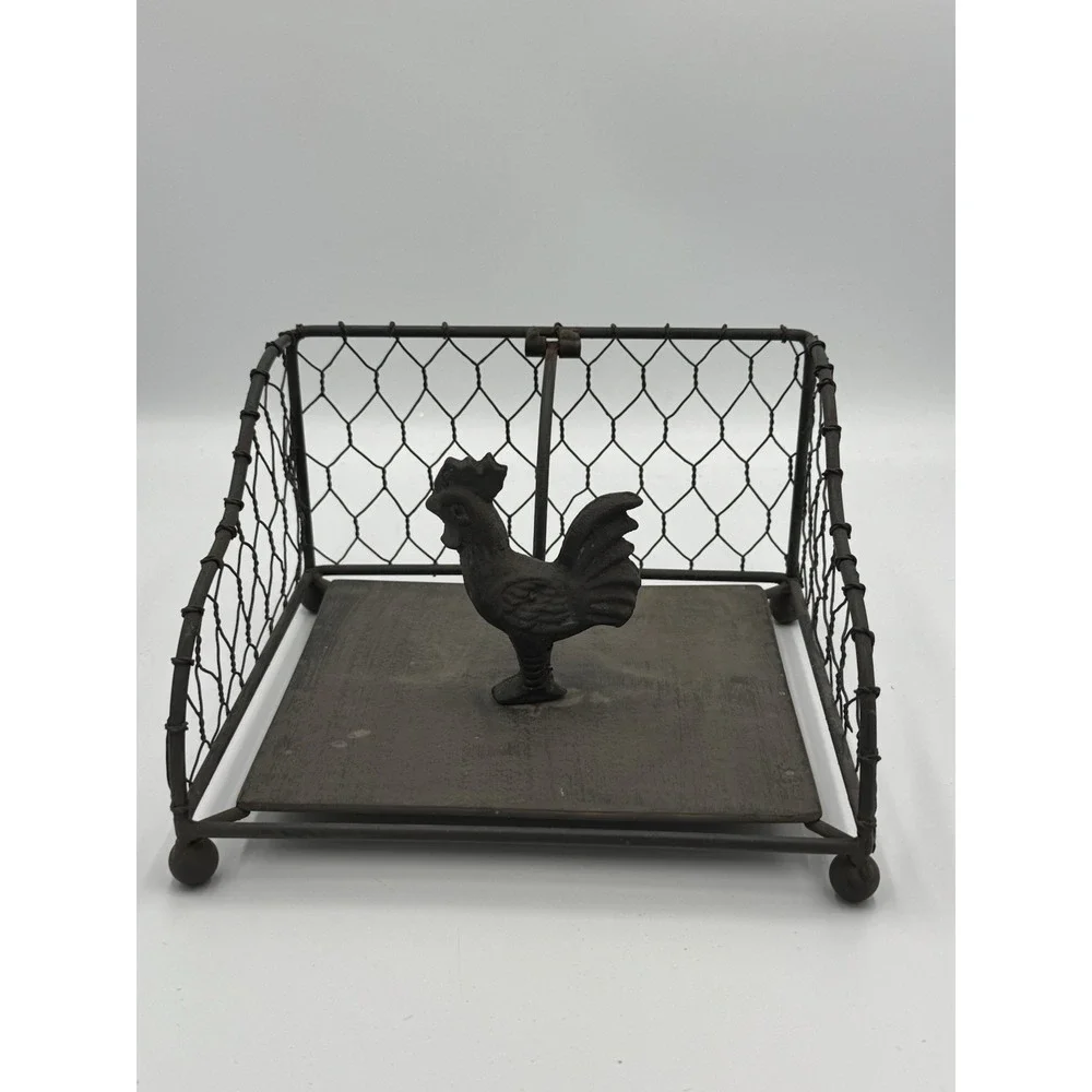 Rooster Hinged Napkin Holder French Country Farmhouse‎ Rustic Brown Wrought Iron